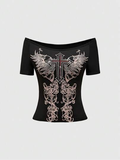 Grunge Punk T-shirt à épaules dénudées à imprimé graphique