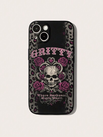 Grunge Punk 1 pièce Étui de téléphone noir style gothique rétro avec motif crâne et rose, Halloween