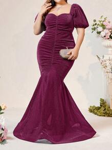 SHEIN Belle Váy dạ hội sang trọng cổ vuông xếp li bằng vải satin bóng dáng công chúa nàng tiên cá cỡ lớn, váy dự tiệc cưới trang trọng, dự tiệc tốt nghiệp, tiệc tối - Màu tím - Xem 4