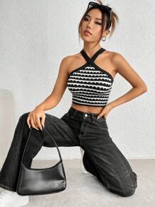 SHEIN EZwear Summer Cross Neck Black & White Striped Knitted Top