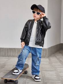 1pc Young Boys' Street Style Cute Black Lightweight PU Long Sleeve Jacket Suitable For Traveling And School, Autumn And Winter Seasons - Black - View 6
