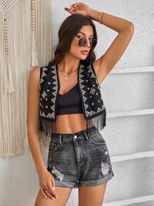 SHEIN VCAY Quần short denim thường ngày dành cho nữ, thiết kế lỗ, viền cuộn, màu đen, dành cho kỳ nghỉ - màu đen - Xem 3