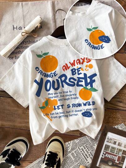 SHEIN Young Boy's Casual Simple Fruit Graphic Short Sleeve Crew Neck T-Shirt, Suitable For Summer Teen Girls Cotton Young Boys Setswhite T Shirt For Kids