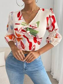 Chiquease Graphic Print Knot Front Crop Blouse For Summer - Multicolor - View 7