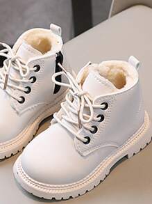 嬰幼女童雪靴，保暖內裡，側拉鏈和鞋帶結合款式，時尚平底踝靴 - 白色 - 查看 6