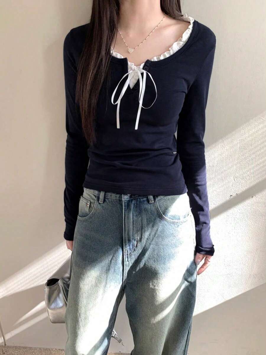 Women's Frill Trim Front-Tie Long Sleeve Casual T-Shirt, Spring And Summer