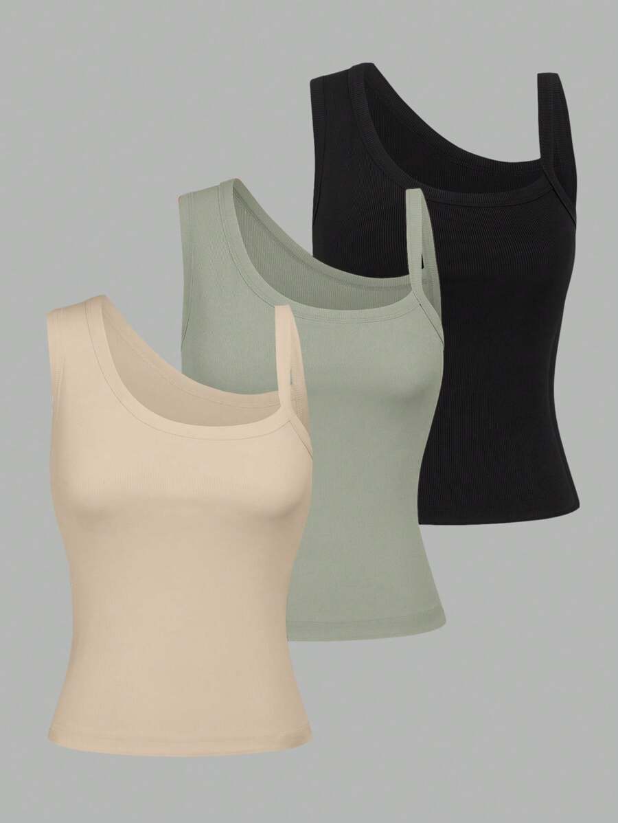 SHEIN LUNE 3pcs Women Solid Asymmetrical Neck Top For Summer, Basic Top - Multicolor - View 1