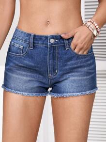 SHEIN VCAY Shorts vaqueros bordados de vacaciones sexy de cintura baja para mujer, azules