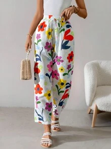 SHEIN LUNE Pantalones largos casuales de resort para mujer, mezcla de lino con estampado de flores, de verano a otoño - Multicolor - Ver 5
