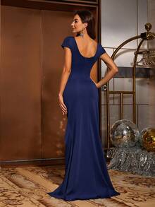 女士 V 领盖袖水钻交叉腰优雅超长鸡尾酒会正式晚礼服舞会婚礼宾客礼服，适合毕业典礼、晚宴