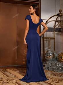 Vestido largo elegante de gala, fiesta, boda o graduación con escote en V, mangas cortas, pedrería, cintura cruzada, para mujer
