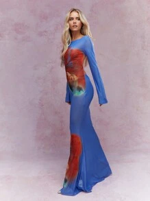 MISSGUIDED 透明图案印花美人鱼下摆露背长连衣裙 - 藍色 - 查看 1