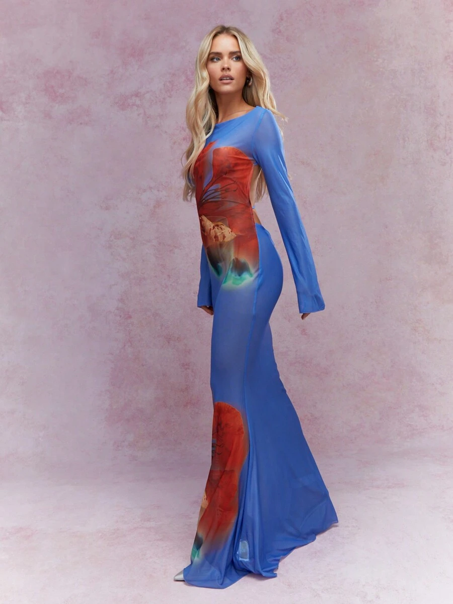 MISSGUIDED 透明图案印花美人鱼下摆露背长连衣裙 - 藍色 - 查看 1