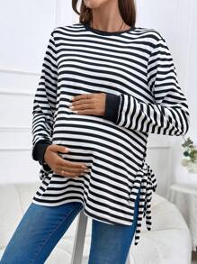 SHEIN Maternity Striped Print Knot Side Sweatshirt With Long Sleeve, For Winter - Black and White - View 5