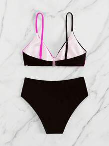 SHEIN Swim Summer Beach Hot Pink Black Color Block Twist Front Bikini Set 2 Pieces Bathing Suits For Women - Multicolor - View 4