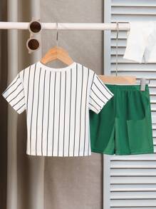 Baby Boy/Girl Summer Letter Print Striped Short Sleeve Top & Elastic Waist Shorts Set, Suitable For Daily Wear, Going To School, Traveling, And Sports In Spring/Summer