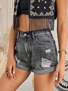 SHEIN VCAY Quần short denim thường ngày dành cho nữ, thiết kế lỗ, viền cuộn, màu đen, dành cho kỳ nghỉ - màu đen - Xem 6
