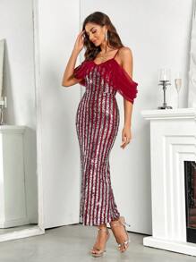 SHEIN Belle Burgundy Red Cold Shoulder Contrast Mesh Sequin Bridesmaid Dress