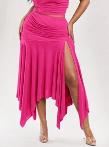 SHEIN BAE Plus Size Women's Summer Vacation Solid Color Green Asymmetrical Hem Slit Skirt - Hot Pink - View 3
