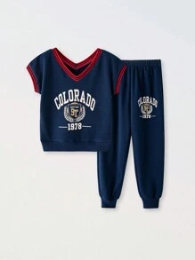 SHEIN Conjunto de 2 piezas JovenDeportivo estilo casual urbano con chaleco estampado y pantalón largo, adecuado para uso diario, viajes, ejercicio, primavera y verano, actividades al aire libre y de vuelta a la temporada escolar - azul real - Ver 17