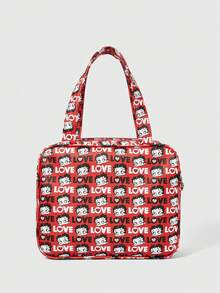 Betty Boop | ROMWE Cartoon Character & Letter Printed Cute Fashionable Large Capacity Makeup Bag, Portable - Red - View 4