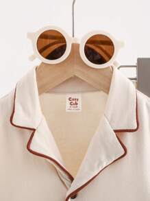 Cozy Pixies Bộ áo len và quần short ngắn tay có cổ có họa tiết hình cây dừa cho bé trai, trang phục thường ngày - Màu be - Xem 3