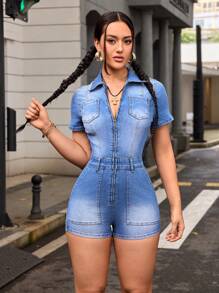 SHEIN EZwear Mujeres mono corto de mezclilla con cierre - Azul - Ver 3
