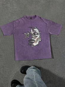 Manfinity EMRG Loose Fit Men's Slogan & Angel Printed Drop Shoulder T-Shirt - Purple - View 1