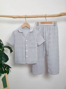 SHEIN 2 件套男童提花针织灰色短袖开衫和裤子睡衣套装 - 灰色 - 查看 7