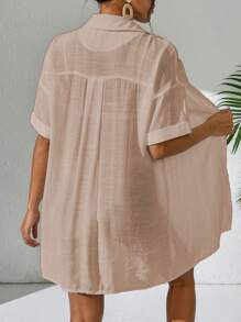 SHEIN Swim Solid Button Front Short Sleeve Casual Kimono For Summer