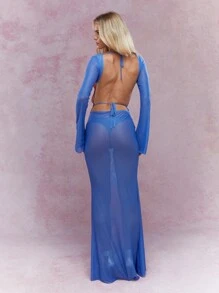 MISSGUIDED 透明图案印花美人鱼下摆露背长连衣裙 - 藍色 - 查看 2