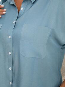 EMERY ROSE Summer Plus Size Women's Solid Color Batwing Short Sleeve Shirt With Pocket And Open Front - Navy Blue - View 6