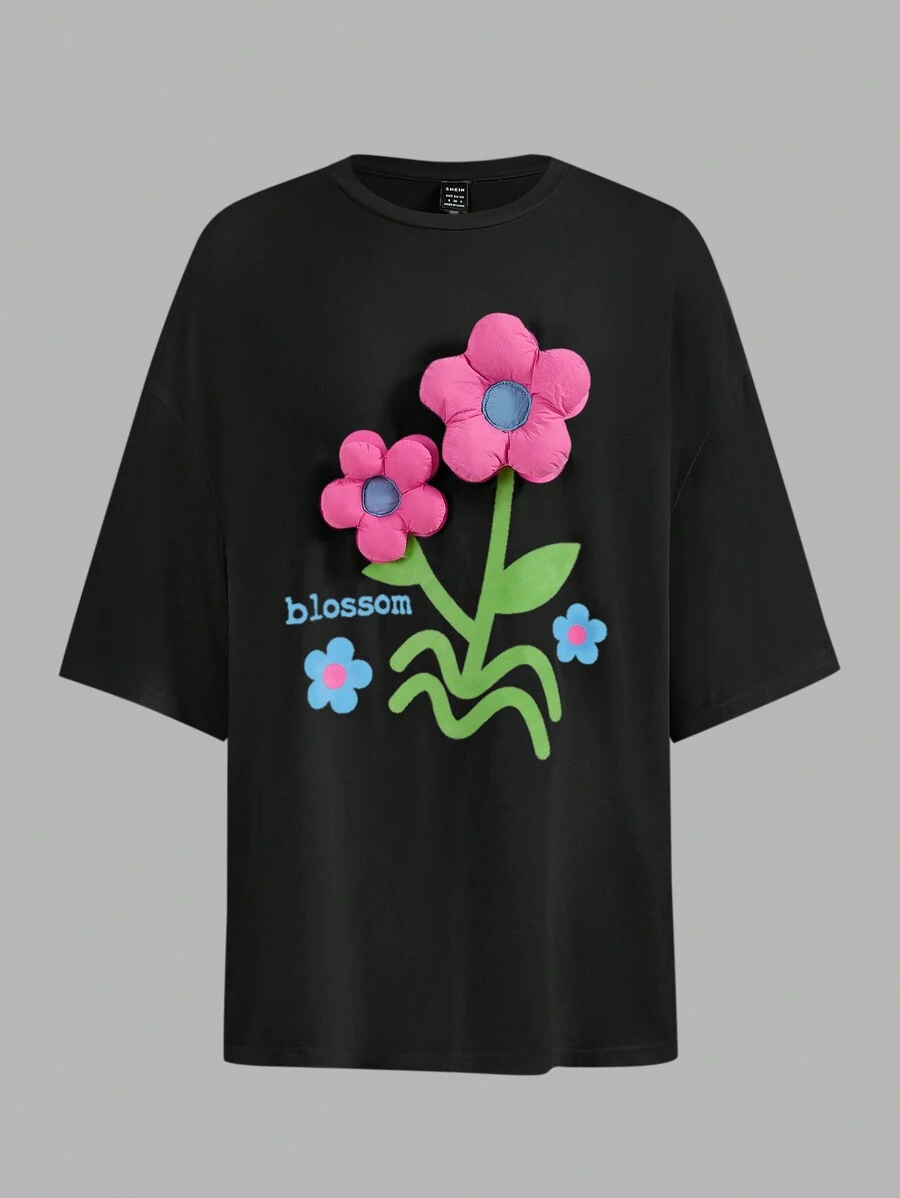 SHEINNeu Damska koszulka letnia o luźnym kroju, z okrągłym dekoltem, rękawami z opadającymi ramionami i dekoracją kwiatową 3D