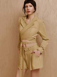 MONSE Mathilde Lhomme Quần short ống rộng túi chéo thắt lưng dài thiết kế riêng, dành cho mùa hè, ngày lễ, kỳ nghỉ, bãi biển, lễ hội, phù hợp với Ibiza - Màu vàng - Xem 2