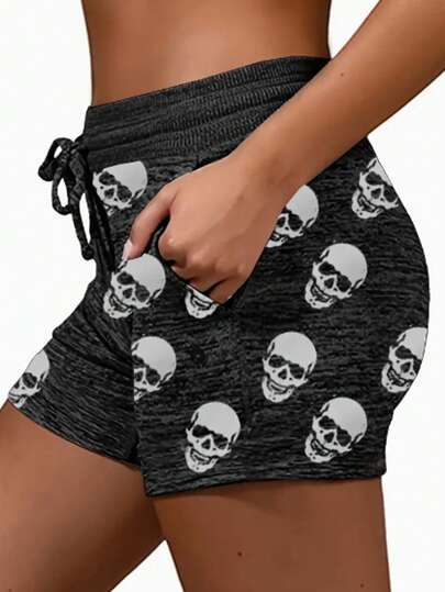 Plus Size Summer Skull Print Drawstring Casual Beach Shorts Black