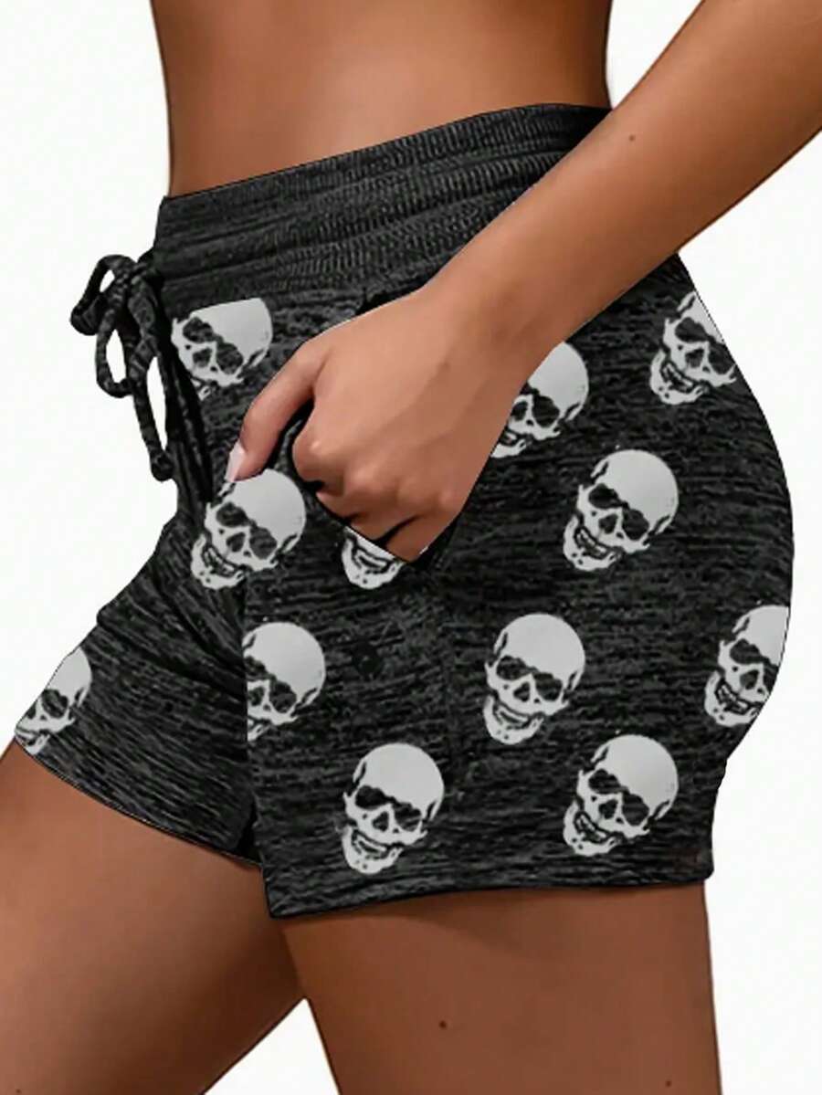 Plus Size Summer Skull Print Drawstring Casual Beach Shorts Black - Black - View 1