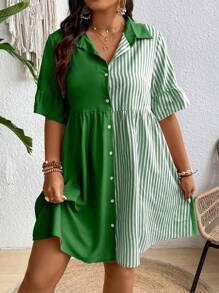 SHEIN Clasi Plus Striped Print Button Front Shirt Dress - Green - View 1