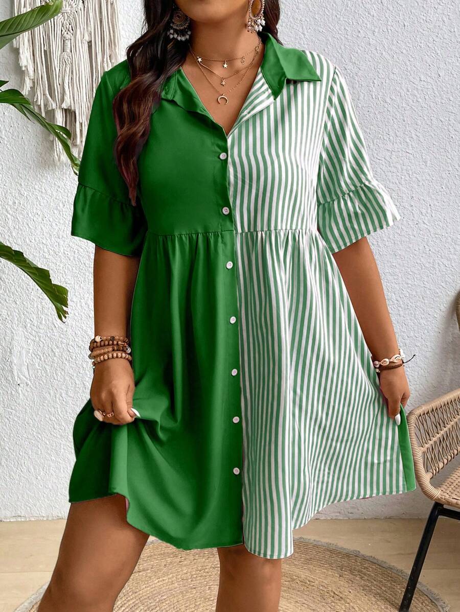 SHEIN Clasi Plus Striped Print Button Front Shirt Dress - Green - View 1