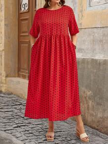 EMERY ROSE Plus Polka Dot Batwing Sleeve Smock Dress For Summer Vacation - Red - View 3