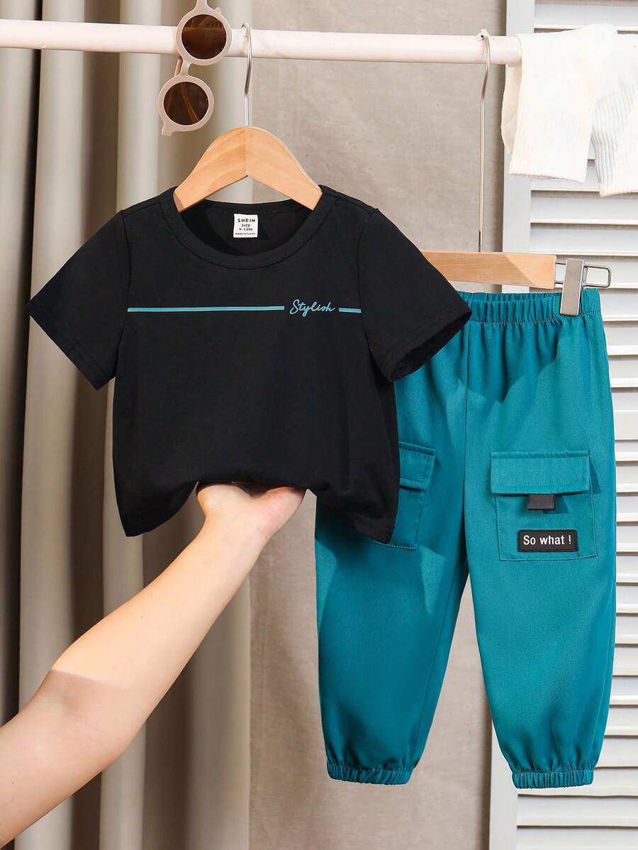 SHEIN 嬰兒男女可愛休閒寬鬆短袖T恤和實用大口袋束口褲套裝，適用於春季/夏季/秋季 - 彩色 - 查看 1