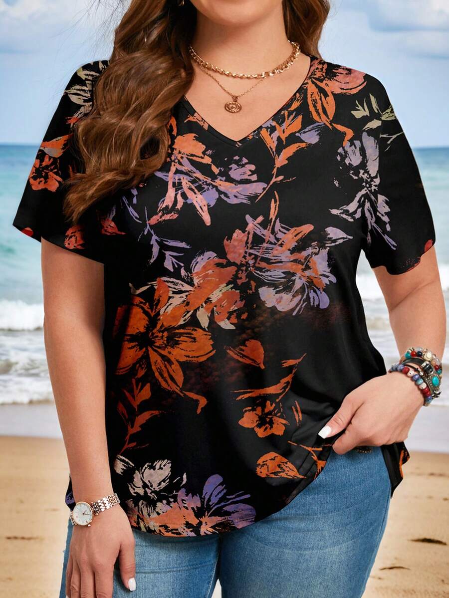 SHEIN CURVE+ Camiseta estampada vintage de ocio para mujeres de talla grande - Multicolor - Ver 1
