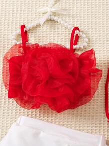 SHEIN 3pcs Baby Girls' Spring/Summer Outfit Set, Including Spicy Pink Flower Printed Top, Cross-Body Bag & Casual Wear With Interesting Prints, Cute And Elegant - Red - View 4