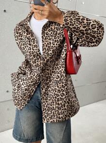 SHEIN EZwear 女士休閒長袖合身編織豹紋外套 - 彩色 - 查看 4