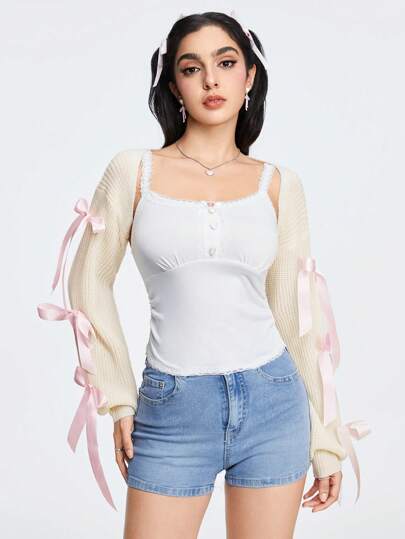 Kawaii Teen Girls' Casual Layered And Adorable Bowknot Belt Decorated Lantern Sleeve Cover Up, Sunscreen And Air Conditioning Cover Up, School