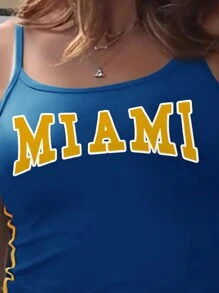 INAWLY Crop Top Cami gráfico de letras - azul real - Ver 5