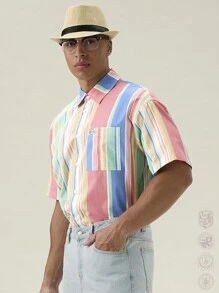 Manfinity VCAY Men's Digital Printed Loose Fit Short Sleeve Striped Summer Shirt,Back To School - Multicolor - View 1