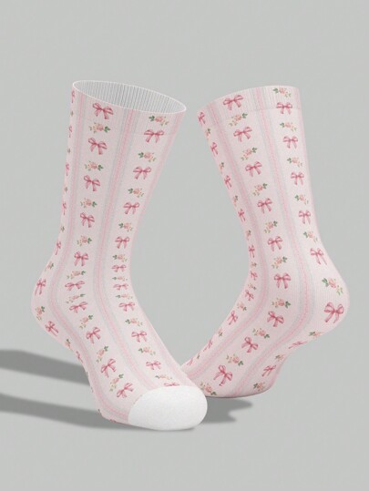 Kawaii 1 Pair Women's Mid-Calf Socks, 4 Seasons, Pink Butterfly & Flower Design, Cute, Elegant, Casual, Fashionable, 3D Printed Pile Socks