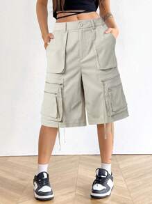 SHEIN Unity Shorts de travail multi-poches simples pour femmes, couleur unie, pour un usage quotidien - Nude - Voir 1