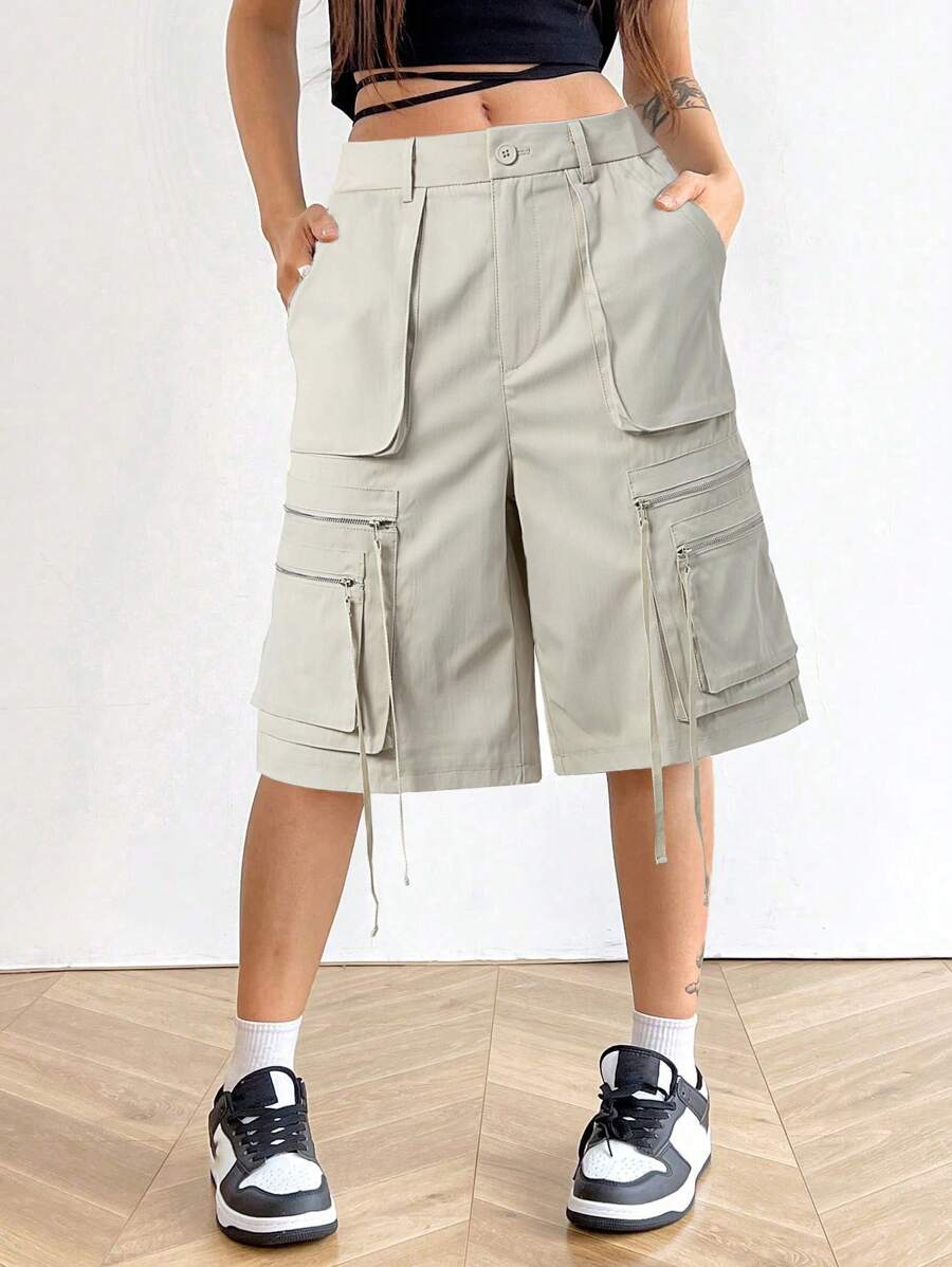 SHEIN Unity Shorts de travail multi-poches simples pour femmes, couleur unie, pour un usage quotidien - Nude - Voir 1