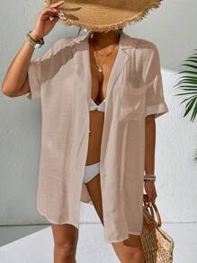 SHEIN Swim Solid Button Front Short Sleeve Casual Kimono For Summer